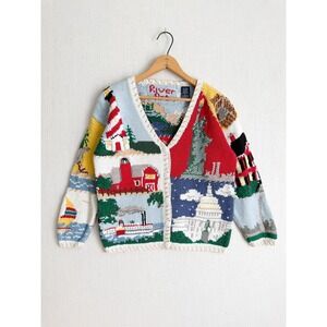 River Art Vintage 1995 USA Landmarks Novelty Cardigan Sweater Womens Large L